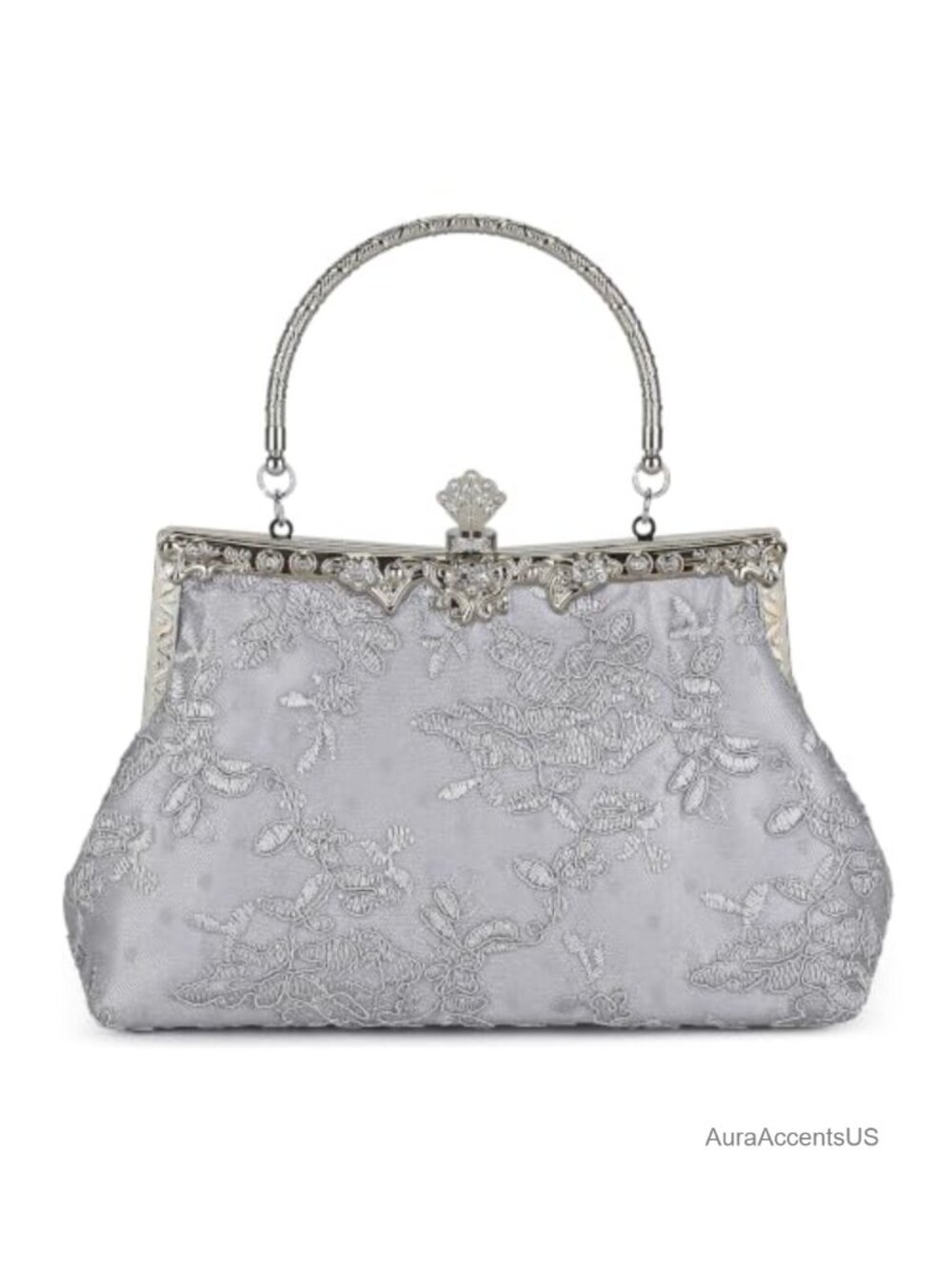 Vintage Lace Floral Evening Clutch with Metal Handle and Detachable Chain